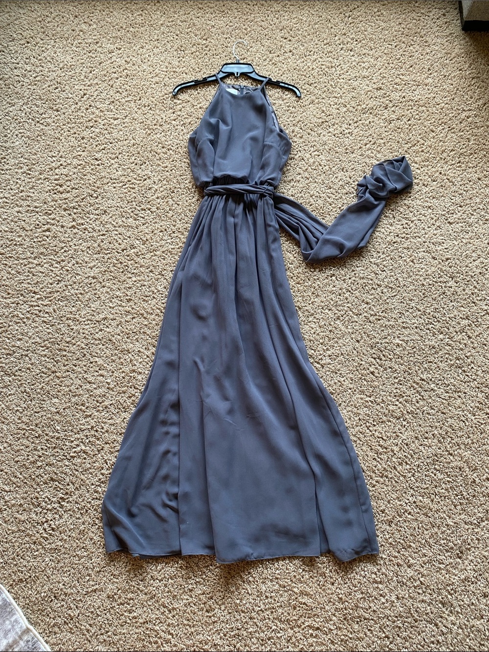 Donna Morgan Slate Gray Halter Maxi Dress with Waist Sash